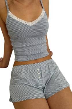 Damen Casual Gestreiftes Outfit Lounge Matching Set Y2K Sexy Camisole und Shorts Set 2-teiliges ärmelloses Sommer-Pyjama-Set Nachtwäsche Nachtwäsche für Geschenke (Blue, S) von Beauace