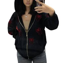 Damen Y2K Zip Up Hoodie Jacke Sweatjacke mit Kapuze Gothic Graphik Kapuzenjacke Vintage Casual Übergangsjacke Teenager Mädchen Ästhetic E-Girl Harajuku Streetwear (B-Schwarz, M) von Beauace