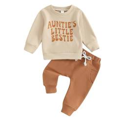 Kleinkind Baby Junge Mädchen Outfits Aunties Little Bestie Lustige Buchstaben Sweatshirt Pullover Langarm Tops Jogger Hosen Zweiteiliges Babykleidungsset (Khaki, 0-6 Months) von Beauace