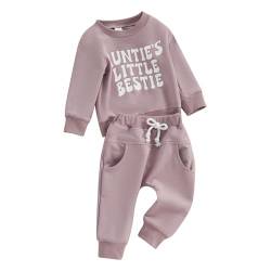 Kleinkind Baby Junge Mädchen Outfits Aunties Little Bestie Lustige Buchstaben Sweatshirt Pullover Langarm Tops Jogger Hosen Zweiteiliges Babykleidungsset (Lila, 6-12 Months) von Beauace