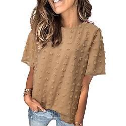 Beaufident Bluse Damen Sommer Elegant Chiffon Bluse Spitze Oberteile Shirt Hemd Einfarbig Blusen Vintage T-Shirt Tunika Tops Chiffon Blusentop Loose Oversize Top,L,A Braun von Beaufident