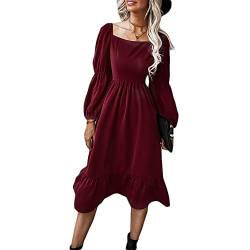 Beaufident Damen Kleid Lange Laternenärmel Formaler eckiger Hals Hochzeitsgast Midikleider Elastische Flare Plissee Rüsche Elegantes Herbstkleid Elegantes Herbstkleid Retro Vintage Kleid,Burgund,L von Beaufident