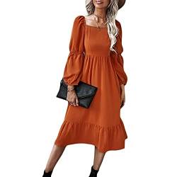 Beaufident Damen Kleid Lange Laternenärmel Formaler eckiger Hals Hochzeitsgast Midikleider Elastische Flare Plissee Rüsche Elegantes Herbstkleid Elegantes Herbstkleid Retro Vintage Kleid,Orange,L von Beaufident