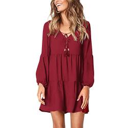 Beaufident Kleider V-Ausschnitt Damen Shirtkleider Lange Ärmel Loose Rüschen Freizeitkleider Einfarbig Strandkleider Minikleider Elegant A-Linie T-Shirtkleider Schwangeres Kleid Casual,A Burgund,S von Beaufident