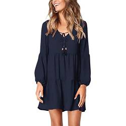 Beaufident Kleider V-Ausschnitt Damen Shirtkleider Lange Ärmel Loose Rüschen Freizeitkleider Einfarbig Strandkleider Minikleider Elegant A-Linie T-Shirtkleider Schwangeres Kleid Casual,A Marine,S von Beaufident