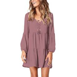 Beaufident Kleider V-Ausschnitt Damen Shirtkleider Lange Ärmel Loose Rüschen Freizeitkleider Einfarbig Strandkleider Minikleider Elegant A-Linie T-Shirtkleider Schwangeres Kleid Casual,A Rosa,L von Beaufident