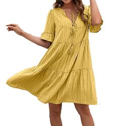 Beaufident Sommerkleider V-Ausschnitt Damen Kleider Kurzarm Loose Rüschen Freizeitkleider Einfarbig Strandkleider Minikleider Elegant A-Linie T-Shirtkleider Schwangeres Kleid Casual,Gelb,L von Beaufident