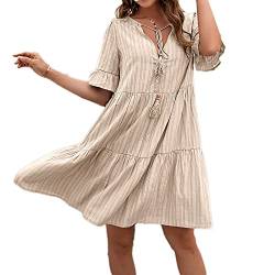 Beaufident Sommerkleider V-Ausschnitt Damen Kleider Kurzarm Loose Rüschen Freizeitkleider Einfarbig Strandkleider Minikleider Elegant A-Linie T-Shirtkleider Schwangeres Kleid Casual,Khaki,L von Beaufident