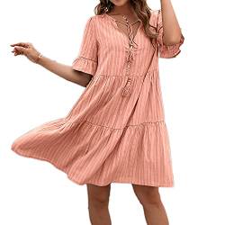 Beaufident Sommerkleider V-Ausschnitt Damen Kleider Kurzarm Loose Rüschen Freizeitkleider Einfarbig Strandkleider Minikleider Elegant A-Linie T-Shirtkleider Schwangeres Kleid Casual,Rosa,L von Beaufident