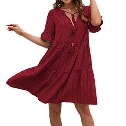 Beaufident Sommerkleider V-Ausschnitt Damen Kleider Kurzarm Loose Rüschen Freizeitkleider Einfarbig Strandkleider Minikleider Elegant A-Linie T-Shirtkleider Schwangeres Kleid Casual,Rot,L von Beaufident