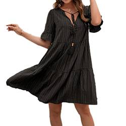 Beaufident Sommerkleider V-Ausschnitt Damen Kleider Kurzarm Loose Rüschen Freizeitkleider Einfarbig Strandkleider Minikleider Elegant A-Linie T-Shirtkleider Schwangeres Kleid Casual,Schwarz,M von Beaufident