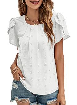 Damen Sommer Boho Tops Casual Kurzarm Hemd Rundhals Spitze Häkeln Chiffon Blusen, 2-weiß, Groß von Beaully