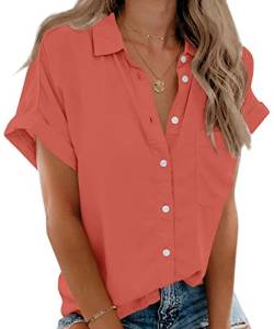 Beautife Damen Kurzarm-Shirt, V-Ausschnitt, Button-Down-Hemd mit Taschen - Orange - Mittel von Beautife