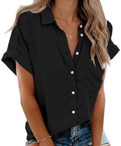 Beautife Damen Kurzarm-Shirt, V-Ausschnitt, Button-Down-Hemd mit Taschen - Schwarz - Groß von Beautife