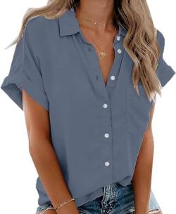 Beautife Kurzärmeliges Damen-Shirt, V-Ausschnitt, Kragen, Button-Down-Shirt, Tops mit Taschen, blau; grau, X-Groß von Beautife