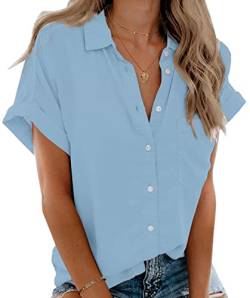 Beautife Kurzärmliges Damen-Hemd, V-Ausschnitt, Knopfleiste, mit Taschen - Blau - Klein von Beautife