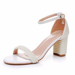 7,5 cm große Blockabsatz-Sandalen mit Perlen und Strasssteinen für Damen, klobiger Absatz, Pumps für Braut, Hochzeit, Party, Abendkleid, Beige, 40.5 EU von Beauty Admire