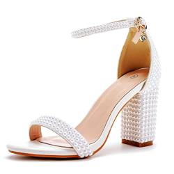 7,5 cm volle Perlen Blockabsatz Sandalen Peep Toe Strass Damen Chunky Heel Pumps Schuhe für Braut Hochzeit Party Abendkleid Schuhe, Weiß, 9,1 cm, 39 EU von Beauty Admire