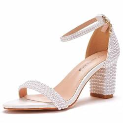 7,5 cm volle Perlen Blockabsatz Sandalen Peep Toe Strass Damen Chunky Heel Pumps Schuhe für Braut Hochzeit Party Abendkleid Schuhe, Weiss/opulenter Garten, 40.5 EU von Beauty Admire