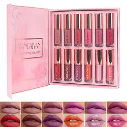 12Pcs Samt Matte flüssiger Lippenstift-Satz, wasserdichter lang anhaltender Non-Stick Cup Nicht verblassen Lipgloss Set, Schimmer Nude Buch Stil Lippe Make-up Geschenk Kit von Beauty Searcher