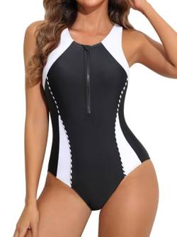 beautyin Damen-Badeanzug mit Reißverschluss vorne, sportlich, Racerback, Schoß-Badeanzug, Weiß/Schwarz, Large von BeautyIn