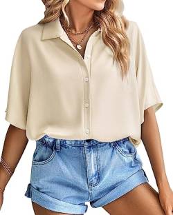 BebreezChic Bluse Damen Sommer Elegant V-Ausschnitt Kurzarm Hemdbluse mit Knöpfen Locker Einfarbig Tops, Beige XL von BebreezChic