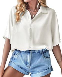 BebreezChic Bluse Damen Sommer Elegant V-Ausschnitt Kurzarm Hemdbluse mit Knöpfen Locker Einfarbig Tops, Weiß M von BebreezChic