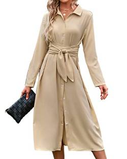 BebreezChic Damen Lange Kleider Langarm V-Ausschnitt Knöpfen Schnür Blusenkleider Partykleider Cocktailkleid mit Gürtel, Beige S von BebreezChic