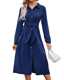 BebreezChic Damen Lange Kleider Langarm V-Ausschnitt Knöpfen Schnür Blusenkleider Partykleider Cocktailkleid mit Gürtel, Marineblau M von BebreezChic