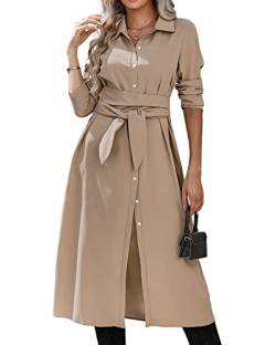 BebreezChic Damen Lange Kleider Langarm V-Ausschnitt Knöpfen Schnür Blusenkleider Partykleider Cocktailkleid mit Gürtel Khaki L von BebreezChic