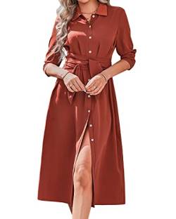 BebreezChic Damen Lange Kleider Langarm V-Ausschnitt Knöpfen Schnür Blusenkleider Partykleider Cocktailkleid mit Gürtel Rot XL von BebreezChic
