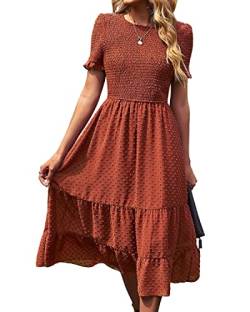 BebreezChic Damen Sommerkleid Maxikleider Kurzarm Rundhals Swiss Dot Rüschen Falten Einfarbig Casual Elegant Cocktailkleid, Orange-Rot XL von BebreezChic