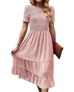 BebreezChic Damen Sommerkleid Maxikleider Kurzarm Rundhals Swiss Dot Rüschen Falten Einfarbig Casual Elegant Cocktailkleid, Rosa L von BebreezChic