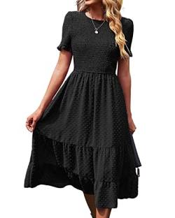 BebreezChic Damen Sommerkleid Maxikleider Kurzarm Rundhals Swiss Dot Rüschen Falten Einfarbig Casual Elegant Cocktailkleid, Schwarz L von BebreezChic