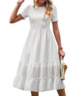 BebreezChic Damen Sommerkleid Maxikleider Kurzarm Rundhals Swiss Dot Rüschen Falten Einfarbig Casual Elegant Cocktailkleid, Weiß L von BebreezChic