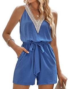 BebreezChic Jumpsuit Damen Kurz Sommer Boho Ärmellos V Ausschnitt Overall Romper Streifen Hosensets mit Gürtel, Blau XL von BebreezChic