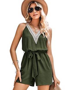 BebreezChic Jumpsuit Damen Kurz Sommer Boho Ärmellos V Ausschnitt Overall Romper Streifen Hosensets mit Gürtel, Grün S von BebreezChic