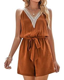 BebreezChic Jumpsuit Damen Kurz Sommer Boho Ärmellos V Ausschnitt Overall Romper Streifen Hosensets mit Gürtel, Karamell L von BebreezChic