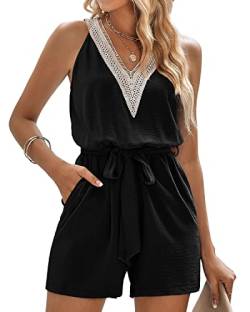 BebreezChic Jumpsuit Damen Kurz Sommer Boho Ärmellos V Ausschnitt Overall Romper Streifen Hosensets mit Gürtel, Schwarz S von BebreezChic