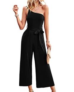 BebreezChic Jumpsuit Damen Sommer One Shoulder Träger Ärmellos V Ausschnitt Lang Overall Romper Streifen Hosensets mit Gürtel, Schwarz M von BebreezChic