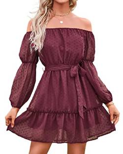 BebreezChic Kleid Damen Elegant Langarm Off Shoulder Einfarbig Swiss Dot Luftig Sommerkleid Minikleider Partykleid Strandkleid mit Gürtel, Burgundy XL von BebreezChic