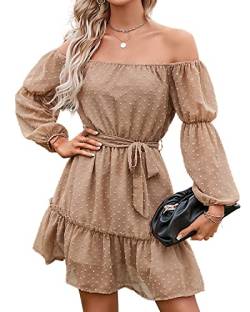 BebreezChic Kleid Damen Elegant Langarm Off Shoulder Einfarbig Swiss Dot Luftig Sommerkleid Minikleider Partykleid Strandkleid mit Gürtel, Khaki M von BebreezChic