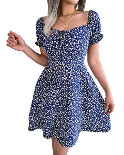 BebreezChic Kleid Damen Minikleid Blumen Kurzarm Sommerkleid V-Ausschnitt Elegant Plissee Skaterkleid Freizeitkleider, Navy Blau S von BebreezChic