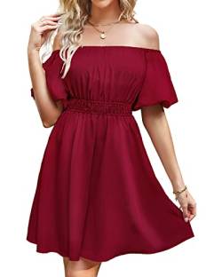 BebreezChic Sommerkleid Damen Boho Blumen Minikleid Kurzarm Off Shoulder Hohe Taille Partykleid Strandkleid Knielang Dress 2023, Einfarbig Himbeere Rot M von BebreezChic