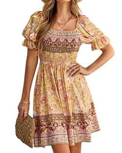 BebreezChic Sommerkleid Damen Kurz Boho Blumen Kurzarm Eckiger Hals Hohe Taille Gerafftes Strandkleid Minikleid, Gelb XL von BebreezChic