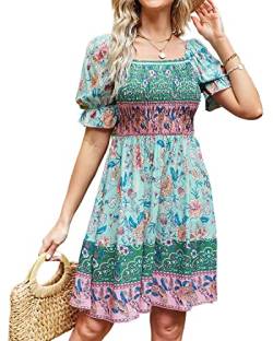 BebreezChic Sommerkleid Damen Kurz Boho Blumen Kurzarm Eckiger Hals Hohe Taille Gerafftes Strandkleid Minikleid, Hellblau S von BebreezChic