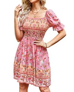 BebreezChic Sommerkleid Damen Kurz Boho Blumen Kurzarm Eckiger Hals Hohe Taille Gerafftes Strandkleid Minikleid, Rosa M von BebreezChic