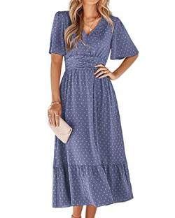 BebreezChic Sommerkleid Damen Lang Boho Elegant Kurzarm V-Ausschnitt Hohe Taille Swiss Dot Gerafft Blumen Strandkleid Maxikleid, Blau-Violett M von BebreezChic