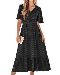 BebreezChic Sommerkleid Damen Lang Boho Elegant Kurzarm V-Ausschnitt Hohe Taille Swiss Dot Gerafft Blumen Strandkleid Maxikleid, Schwarz XL von BebreezChic