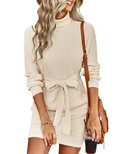 BebreezChic Strickkleider Damen Rollkragen Casual Langarm Minikleid Pulloverkleider Einfarbig Elegant Casual mit Gürtel, Beige M von BebreezChic